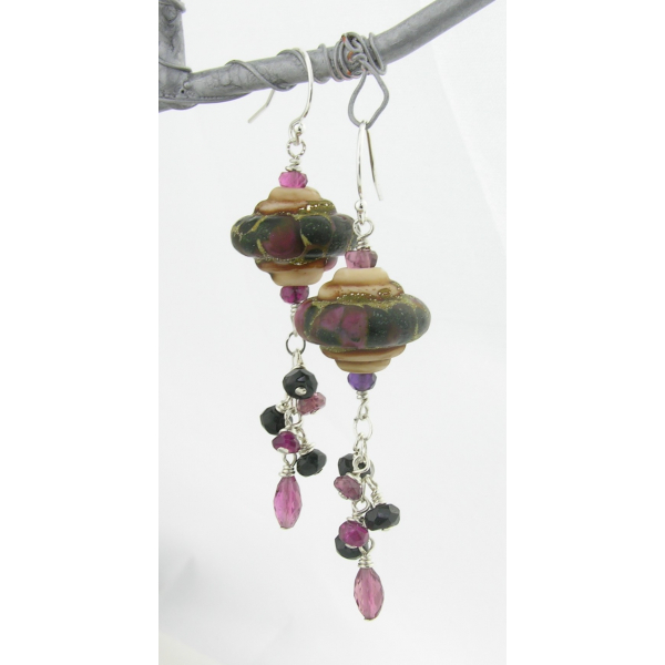 Handmade beige black maroon wine red lampwork earrings pink tourmaline sterling