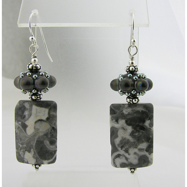 Handmade grey and white earrings with Alaska granite, black dot artisan lampwork