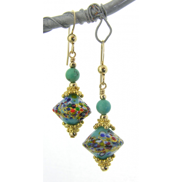 Handmade earrings with turquoise klimt style venetian beads gold fill vermeil