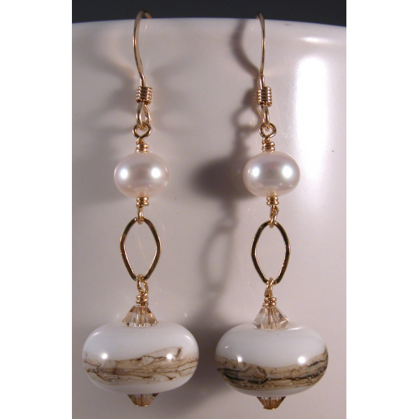 Handmade earrings with artisan lampwork freshwater pearls and gold fill