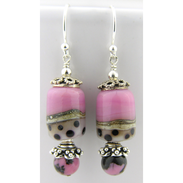 Handmade pink, ivory, black dot lampwork, rhodonite gemstone, sterling