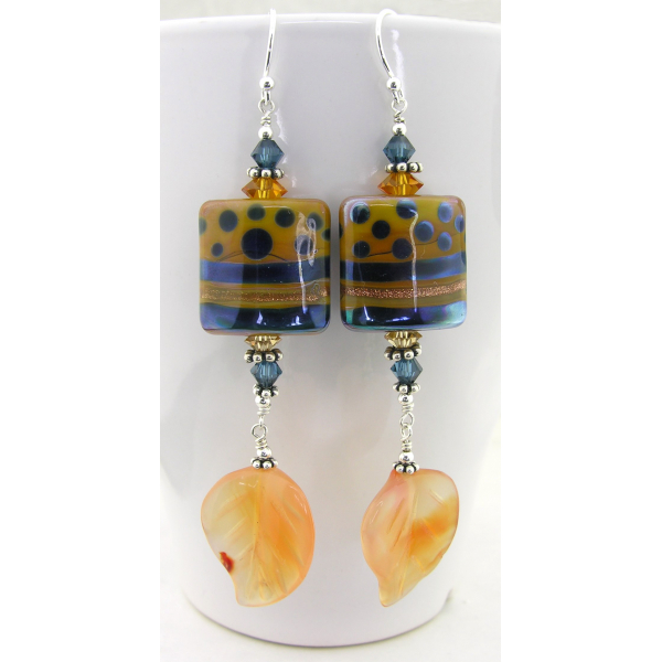 Handmade blue orange lampwork earrings carnelian leaf sterling