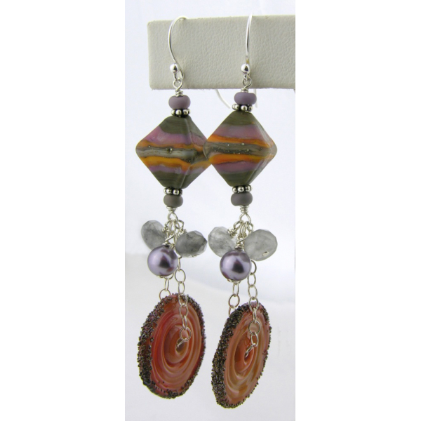 Handmade gray lavendar orange lampwork earrings grey quartz sterling rustic