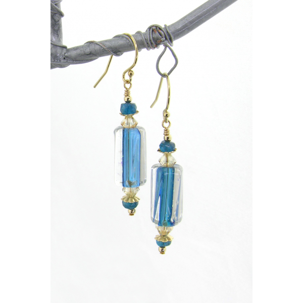 Handmade teal and gold earrings with artisan furnace glass, apatite, gold filled