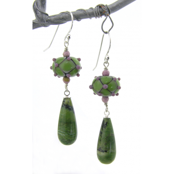 Handmade earrings with sage green lavendar lampwork glass green opal sterling