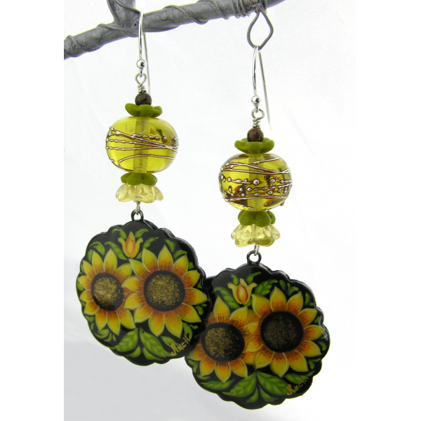 Hand made yellow green black sunflower earrings lampwork glass bronzite sterling