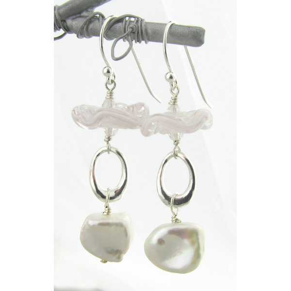 Artisan made white sterling earrings with baroque pearls lampwork