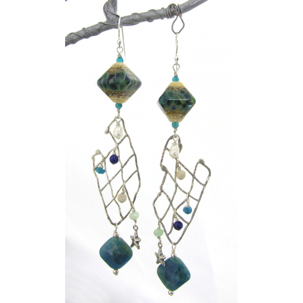 Handmade ocean fishnet sterling silver earrings lapis apatite lampwork pearls