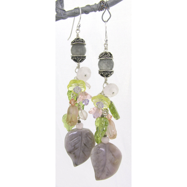 Handmade gray agate pink rose quartz green leaves purple crystal yellow sterling