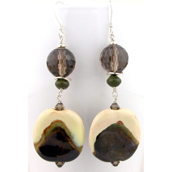 Handmade ivory green brown earrings kazuri ceramic smoky quartz jasper sterling