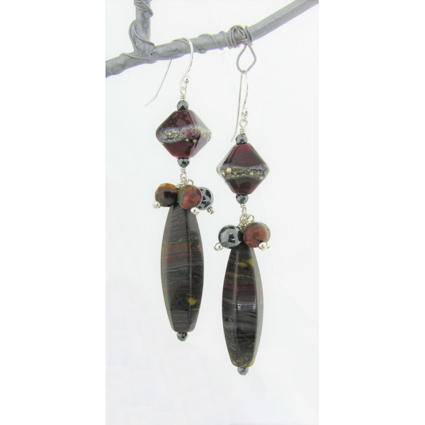 Handmade red black, hematite tiger iron gemstone earrings, lampwork and sterling