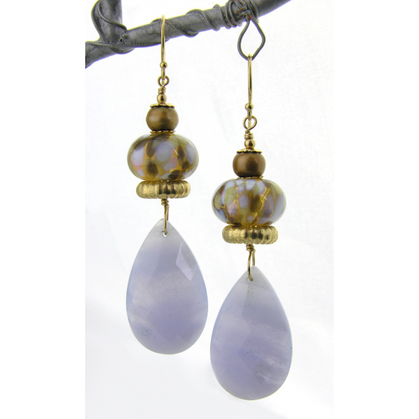 Handmade earrings with light blue lace agate beige lampwork pearls gold fill