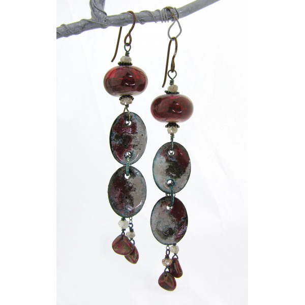 Artisan red black enamel on copper earrings lampwork zircon gemstone niobium