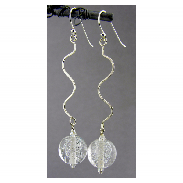 Silver Sparkle Earrings - clear sparkle drop sterling silver squiggle artisan