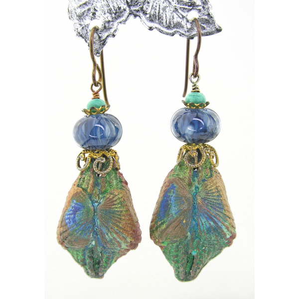 Artisan green blue gold earrings with artisan polymer, glass, turquoise, brass