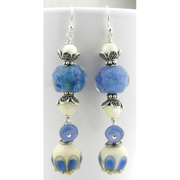 Handmade blue earrings with blue peacock lampwork glass, kyanite, sterling