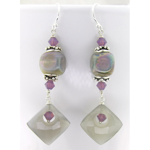 Handmade earrings purple grey lampwork cube moonstone diamond sterling crystal