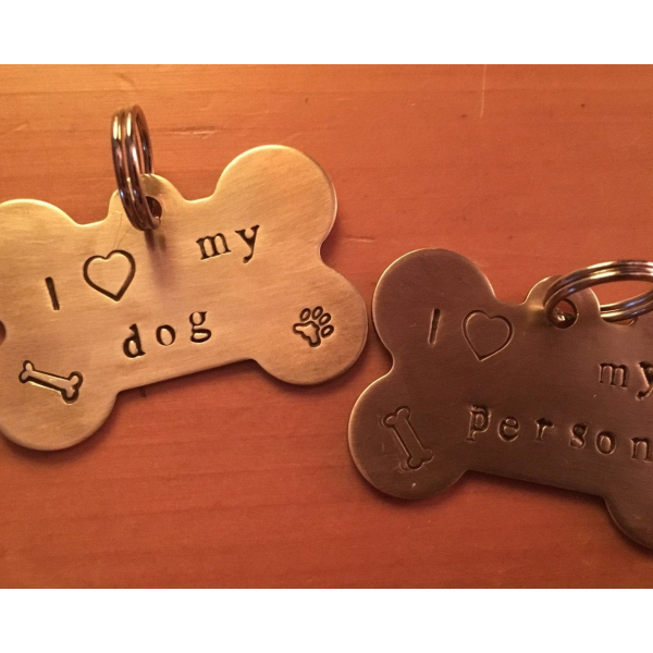 Artisan made brass, hand stamped, dog bone shape tag