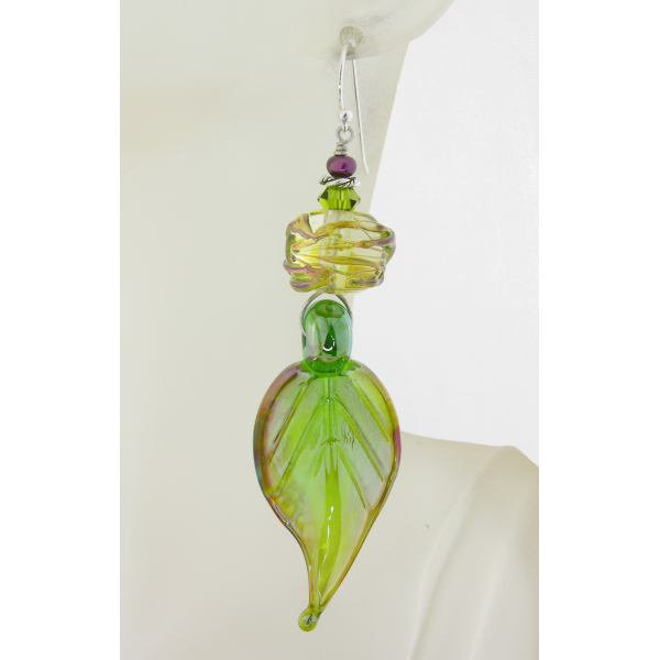 Artisan spring green earrings with lampwork glass leaf, maroon pearl, sterling