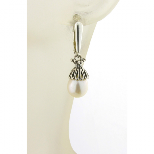 Artisan made sterling lattice petaled earrings with AAA white freshwater pearls