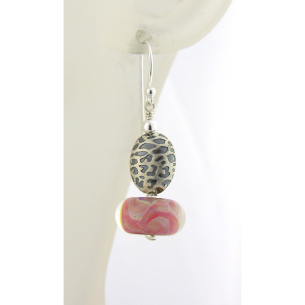 Handmade necklace and earrings set with pink rhodochrosite lampwork sterling