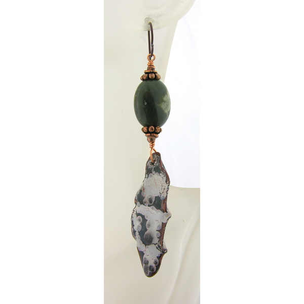 Artisan made green fold formed enamel on copper earrings jasper