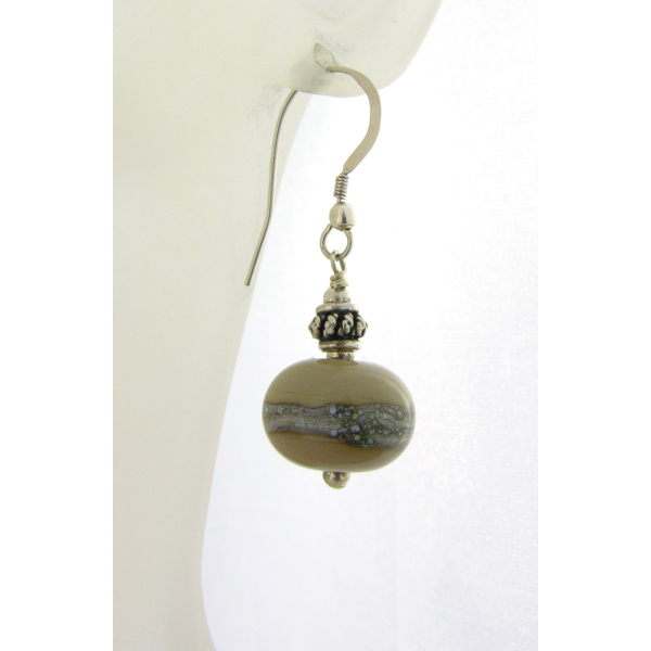 Artisan made taupe tan lampwork earrings in sterling silver