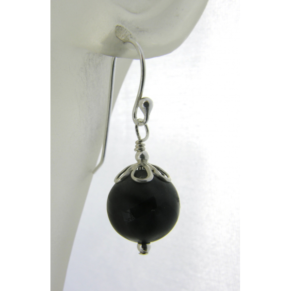 Artisan etched black onyx earrings sterling silver random lines petals