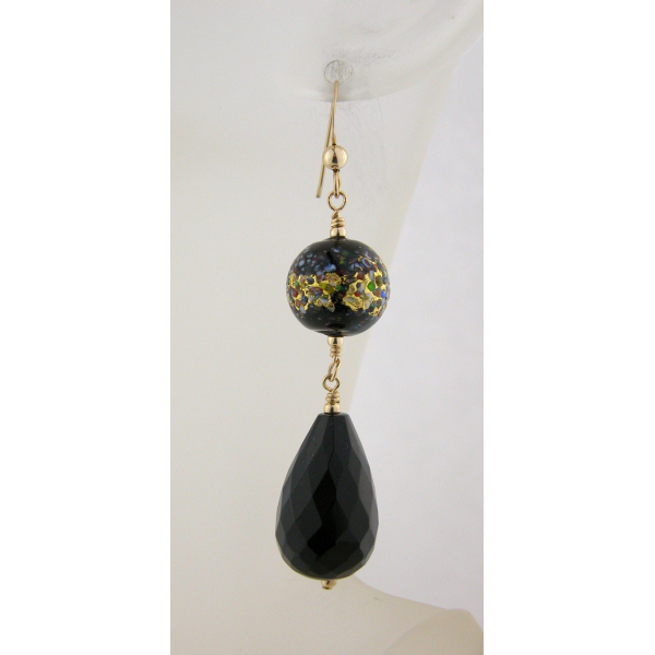 Artisan earrings with black onyx and venetian beads gold fill vermeil