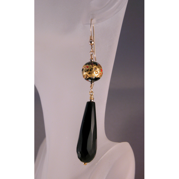 Artisan earrings with black onyx and venetian beads gold fill vermeil