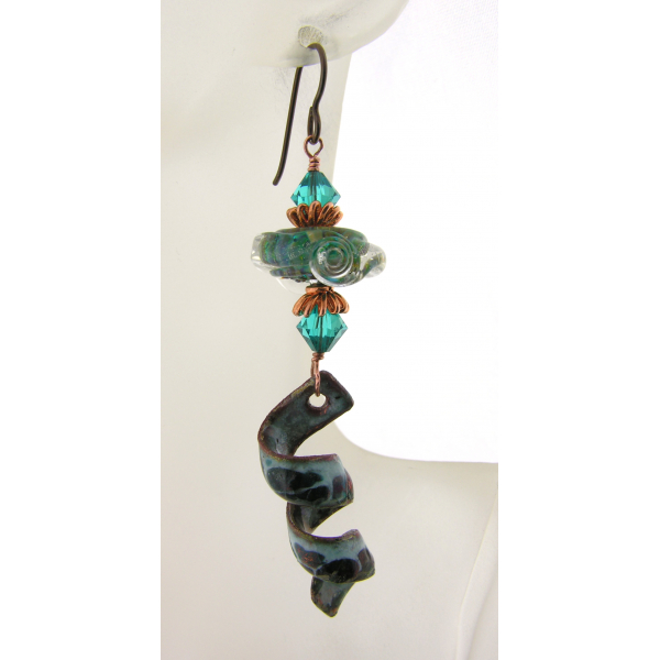 Handmade teal and copper earrings spirals lampwork