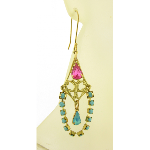 Artisan made turquoise pink rhinestone chandelier brass earrings