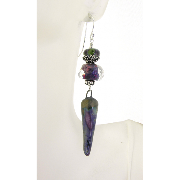 Artisan made purple and green sterling earrings with lampwork, ceramic spike