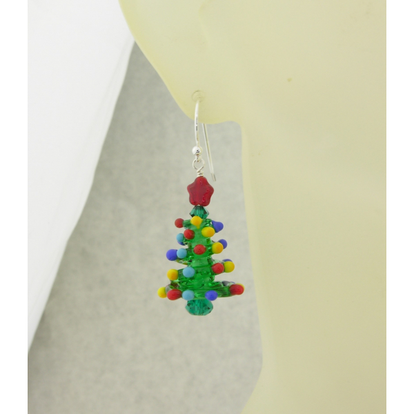 Handmade Christmas tree earrings with lampwork Swarovski crystals star sterling