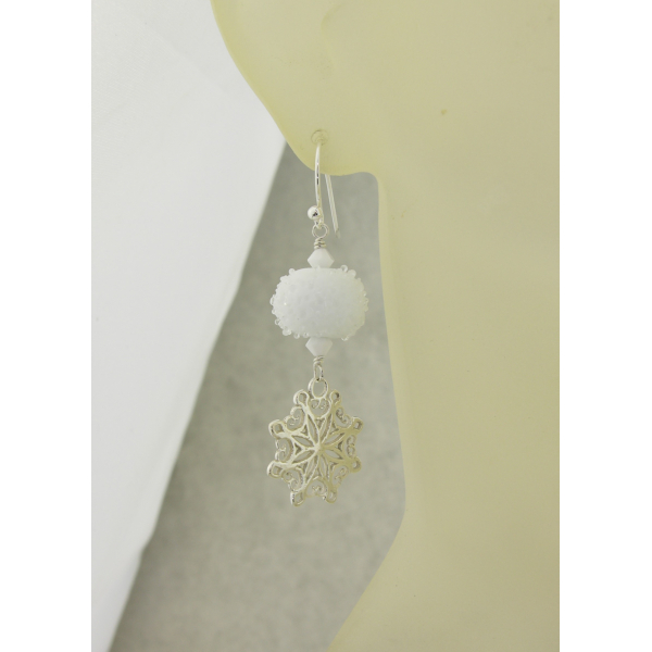 Artisan made white sterling earrings with snowball lampwork snowflake