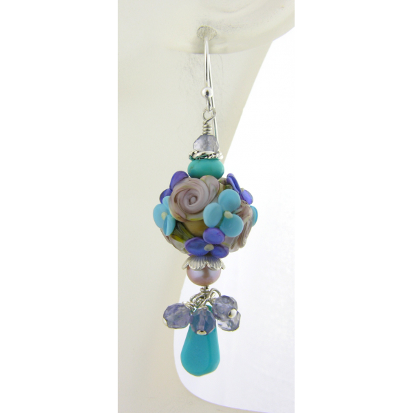 Handmade blue floral earrings with turquoise, lampwork, iolite, pearl, sterling