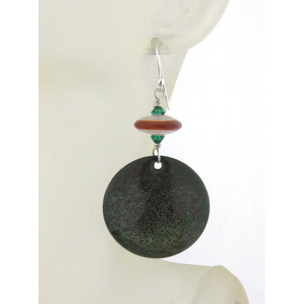 Artisan made red green white enamel on copper lampwork earrings in sterling