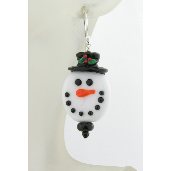 Artisan made white glass snowman face earrings in sterling Christmas winter hat