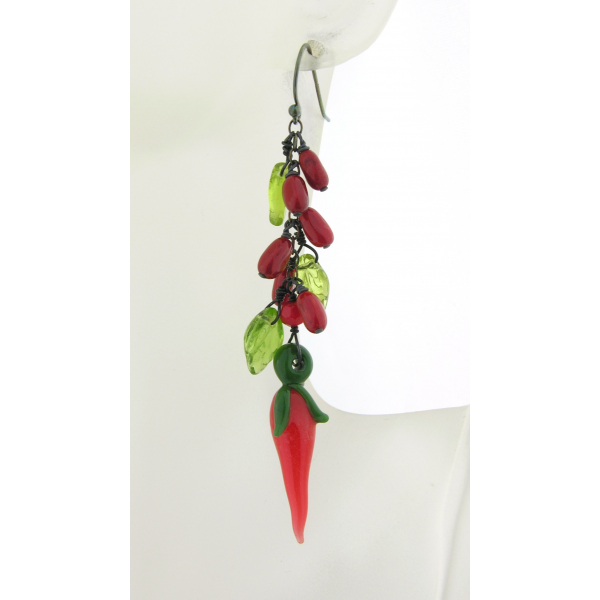 Handmade red black green red pepper ristra earrings, coral and sterling