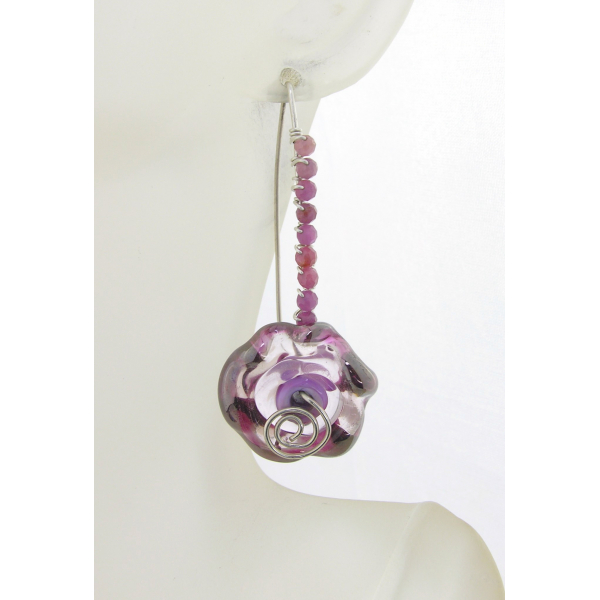 Artisan made hand forged earrings with pink ruffle lampwork ruby gemstones