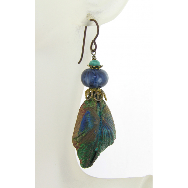 Artisan green blue gold earrings with artisan polymer, glass, turquoise, brass