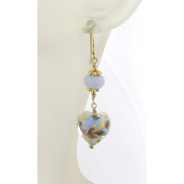 Handmade earrings with light blue white gold venetian hearts agate gold fill