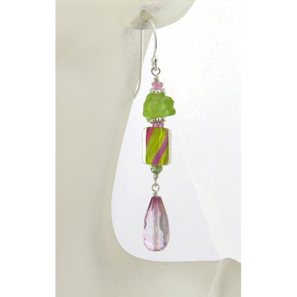 Handmade pink, peridot earrings with furnace glass, topaz sapphire, sterling