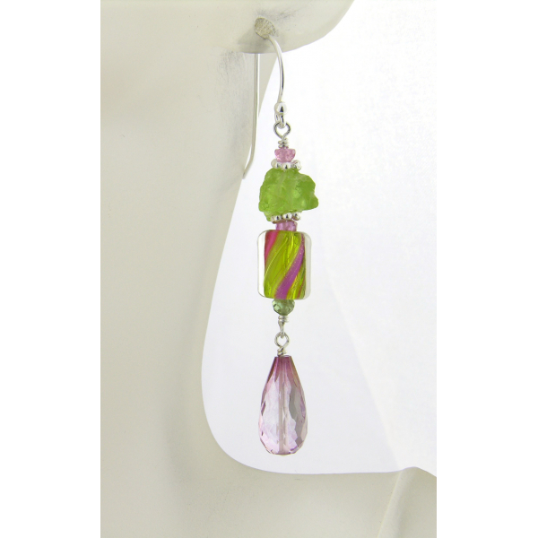 Handmade pink, peridot earrings with furnace glass, topaz sapphire, sterling