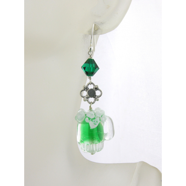 Artisan made green sterling earrings with frothy green beer mug Swarovski cryst