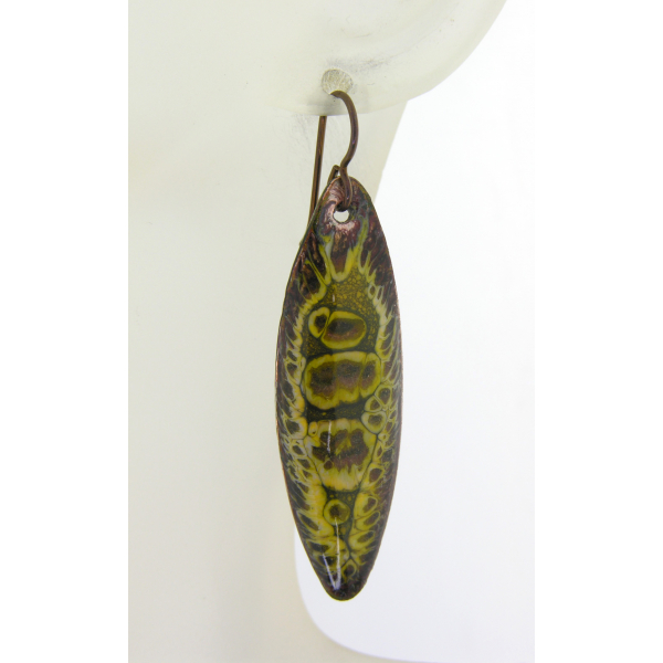 Artisan made organic crackle enamel on copper yellow brown earrings