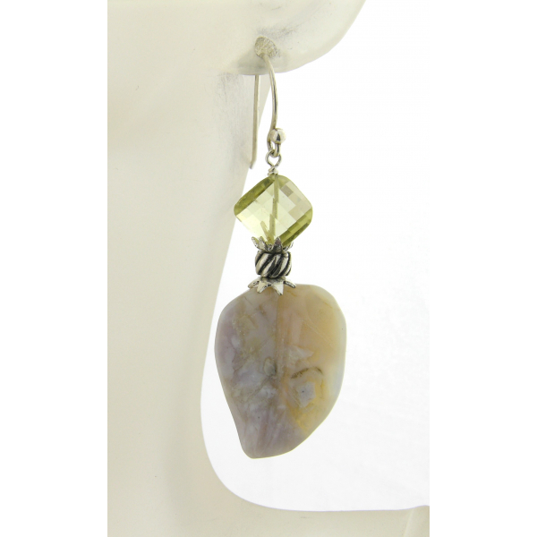 Handmade earrings yellow grey lemon quartz agate leaves sterling