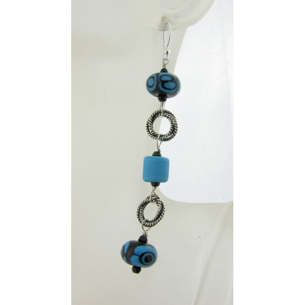 Handmade turquoise black lampwork earrings with Swarovski sterling