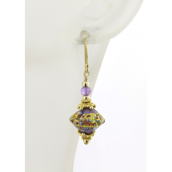 Handmade earrings with purple klimt style venetian beads amethyst gold fill