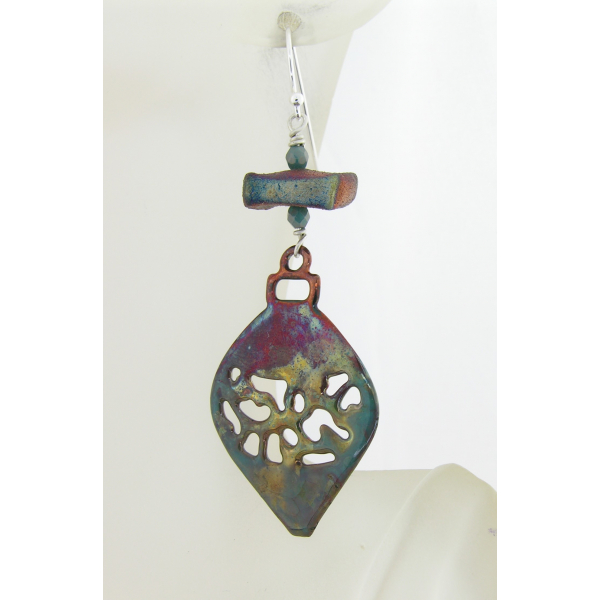 Artisan made raku copper ornament and pottery dangle earrings